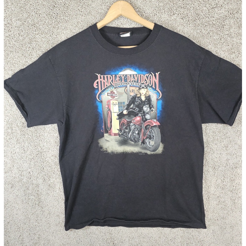 Harley Davidson Rk Stratman Black T-Shirt Size Large Duluth, MN Woman‎ On Bike